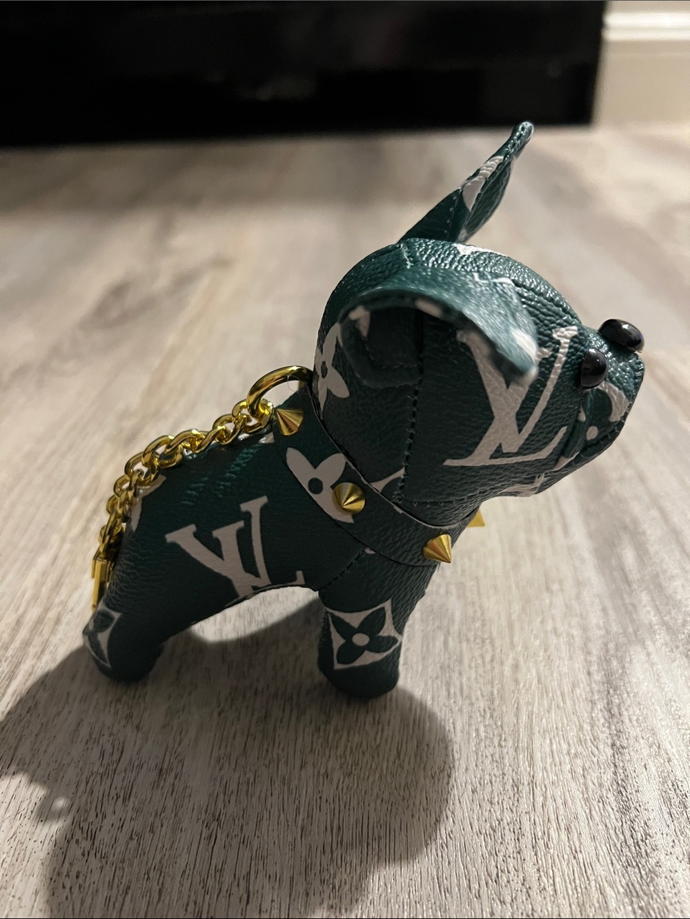 Green & White Monogram Dog Keychain with Gold Hardware